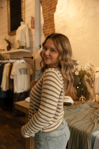 Striped Button Cardigan, Olive - The Red Thread Boutique