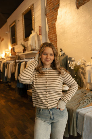 Striped Button Cardigan, Olive - The Red Thread Boutique