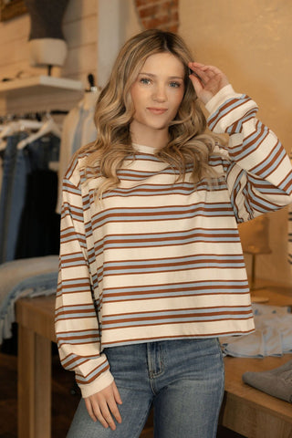 Striped Tee, Blue/Brown - The Red Thread Boutique