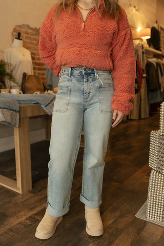 Tab Waistband Cuff Slim Wide Jeans - The Red Thread Boutique