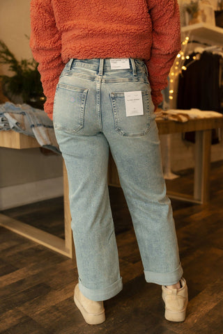 Tab Waistband Cuff Slim Wide Jeans - The Red Thread Boutique