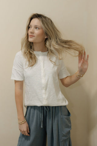 The Rachel Button Front Lace Top, Off White - The Red Thread Boutique