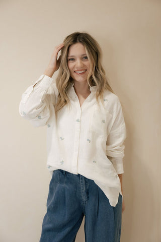 Willow Shirt, Ivory Blue Floral - The Red Thread Boutique