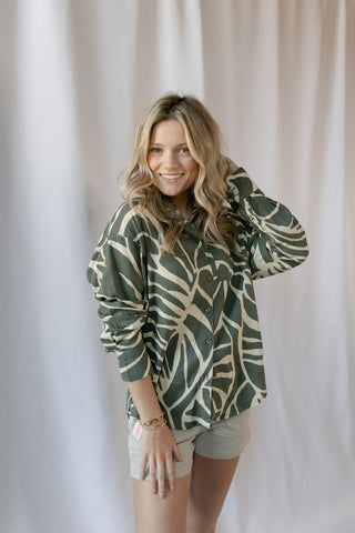 Z Supply Alfie Tova Palm Button Up, Tea Leaf - The Red Thread Boutique