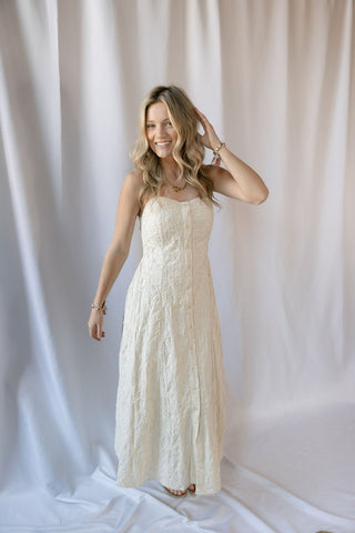 textured champagne dress Champagne Textured Metallic Corset Sleeveless Maxi Dress