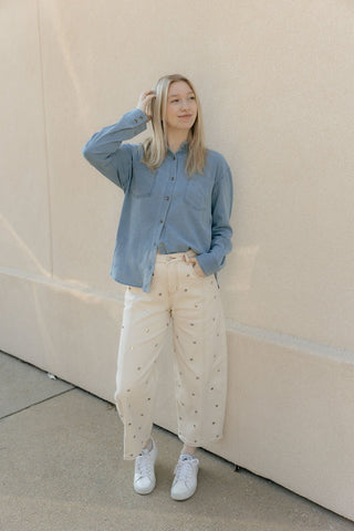 Z Supply Reese Jersey Denim Button Up, Santorini Indigo - The Red Thread Boutique