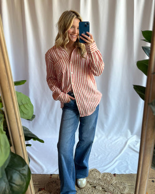 Z Supply Saturdays Stripe Shirt, Crimson Crush - The Red Thread Boutique