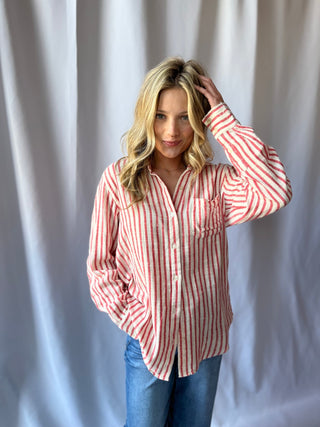 Z Supply Saturdays Stripe Shirt, Crimson Crush - The Red Thread Boutique