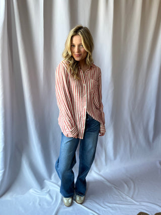 Z Supply Saturdays Stripe Shirt, Crimson Crush - The Red Thread Boutique