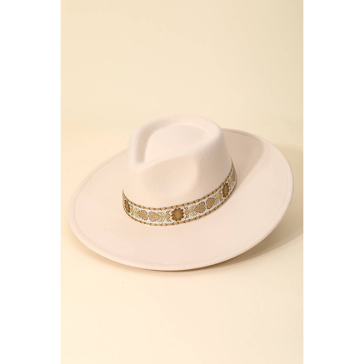 Embroidered Strap Fedora Hat, Ivory