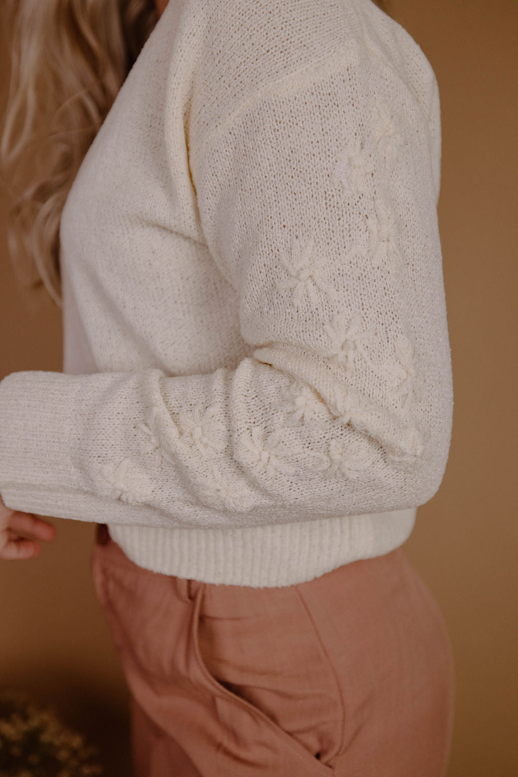 Embroidered Floral Sweater, Ivory